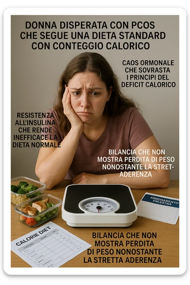 "Desperate woman with PCOS following standard calorie-counting diet, scale showing no weight loss despite strict adherence, expression of confusion and defeat, meal prep containers with healthy foods, insulin resistance making normal dieting ineffective, hormonal chaos overriding caloric deficit principles, gym membership unused due to lack of results scritte in italiano sticker