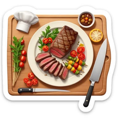 icon featuring a chef’s hat, a cutting board with fresh ingredients, a knife, a beautifully cooked ribeye steak, shashlik skewers, and a plate of food in the making. The design captures the passion of cooking with warm, inviting colors, and realistic textures. Transparent background. sticker