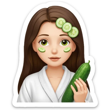 white long brunette hair girl with hazel eyes in a bathrobe with cucumber slices covering her eyes sticker