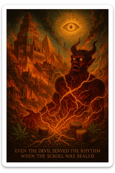 Depict a powerful, surreal vision of Babylon being destroyed — not by holy forces, but by the Devil himself, who looks shocked and possessed by fate. The city of Babylon is a massive, ancient-modern hybrid metropolis: Roman towers, golden pyramids, digital screens, oil pipes, courtrooms, and false thrones. It's a twisted symbol of colonialism, greed, religion, and algorithmic control. But now it's collapsing in flames and golden roots. The Devil is massive, fiery, and terrifying — but he's not proud. He's bound in glowing golden vines growing from the Earth, eyes wide, realizing he’s just a pawn in a higher rhythm. The sky is split open with a divine golden eye (representing Empress Riddim / Kez’s Elephant Eye), casting down sacred fractals and rhythms that rewrite the code of reality. In the rubble, ganja leaves grow, drums rise from the soil, and a whisper floats through the scene: 'Even the Devil served the rhythm when the scroll was sealed.' Use a warm, cinematic color palette with deep reds, golds, greens, and shadows. Epic, prophetic, unforgettable. sticker