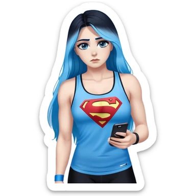 Shameful disappointed crying-very very very very big chest-texting on a samsung cell phone-very long straight flowing black to sky blue hair ombre-blue eyes-black eyeliner-long eyelashes-plastic sparkling sky blue very low cut tank top with sparkling superman logo-black leggings-nike sneakers sticker