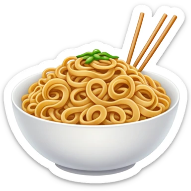 Shanghai Fried Noodles with thick chewy texture, simplified emoji style with bold outlines and bright colors, cartoon style stir-fried Shanghainese Cu Chao Mian sticker