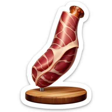 ​Cinematic Realistic Spanish Jamón Leg, depicted as a massive, cured leg of Jamón serrano (ham) with a deep reddish-brown hue, intricately marbled and slightly glossy with age, elegantly displayed on a rustic wooden stand and bathed in warm, soft lighting that accentuates its artisanal heritage, sticker