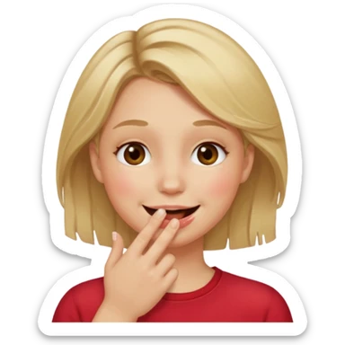 Hand over mouth with blushed cheeks more redness on cheek and smiling  more more redness  dirty blonde hair  sticker