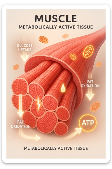 a highly detailed cross-section of human skeletal muscle fibers, shown in vibrant red and pink tones, with visible striations and realistic texture. Glowing arrows and animated icons represent active metabolic processes—such as glucose uptake, fat oxidation, and ATP production—occurring within the muscle tissue. Surrounding the muscle, floating symbols for mitochondria and energy highlight its metabolic activity. The background is clean and clinical, with subtle labels and infographics explaining that muscle is a metabolically active tissue. The overall style is modern, scientific, and visually engaging, suitable for educational or medical use. sticker