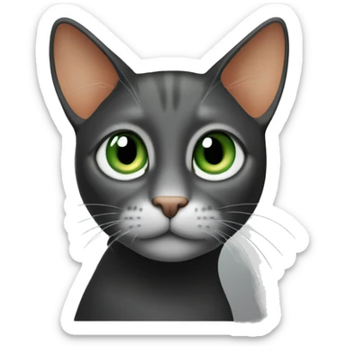 The cat has large green eyes, a smooth gray head without stripes, a light orange muzzle, and a white neck. Its expression is gentle and curious, with a solid black background for contrast. The style is clean, minimalistic, and true to the cat’s colors. sticker