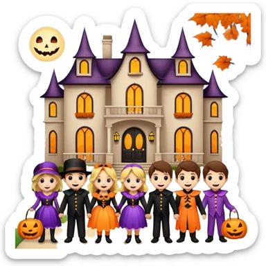 Kids trick or treating at a mansion sticker