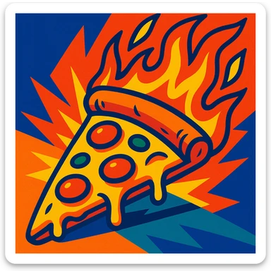 pizza slice with fire, vibrant and dynamic, bold colorful cartoon style, energetic illustration sticker