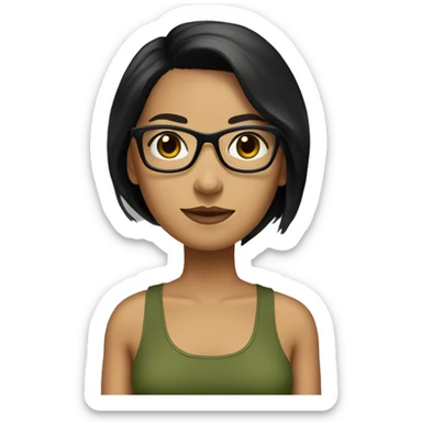 white skined woman with straight black hair with a olive green tank top with glasses tortoise  sticker