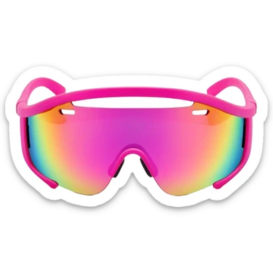 sporty neon pink shield visor sunglasses with chunky frame and integrated secure strap, professional athletic design, futuristic one-piece rainbow mirrored lens sticker