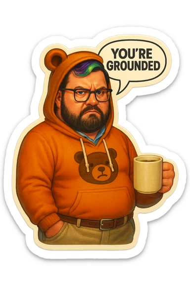 A realism art illustration art style of a plus-sizes man with purple to green ombre streak, black beard, blue eye, glasses, wearing a bear hoodie with ears,  dressed like a dad, holding a coffee mug, You’re grounded speech bubble, frowning  sticker
