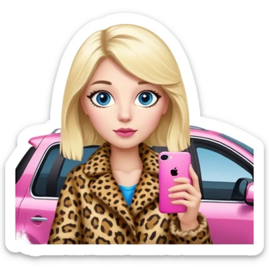 a blondie queen Arina in a leopard fur and pink iPhone on her kia Sportage car. blue eyes sticker