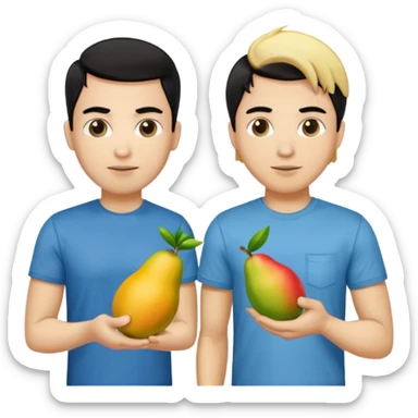 BLACK HAIR LIGHT SKIN MAN WITH A T-SHIRT WITH A MANGO ON IT, AND HIS BOSS LIGHT SKIN MAN BLONDE HAIR DANDOLE DINERO sticker