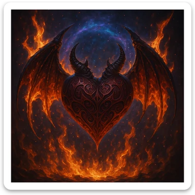 fantasy devil heart with wings, fire, and magical aura sticker