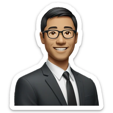 asian man black medium length bang hair smiling wearing a suit without a shirt with prescription glasses on sticker