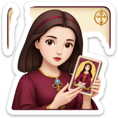 A brunette girl with a square hairstyle reading the Burgundy tarot sticker