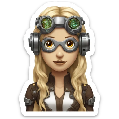 Brown long hair with blonde steaks female cyborg head, fair skin, steampunk goggles and circuits sticker