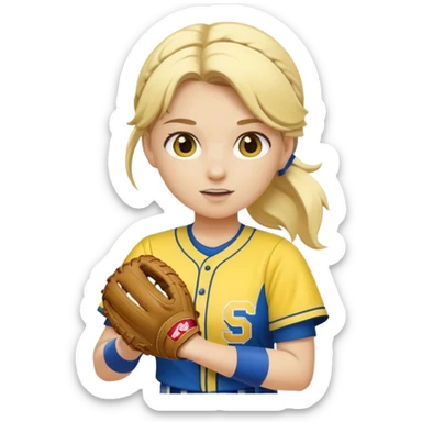 Blonde softball player wearing blue and yellow pitching softball sticker