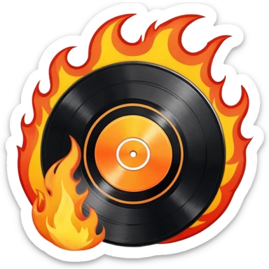 a black vinyl record white sticker and flames  sticker