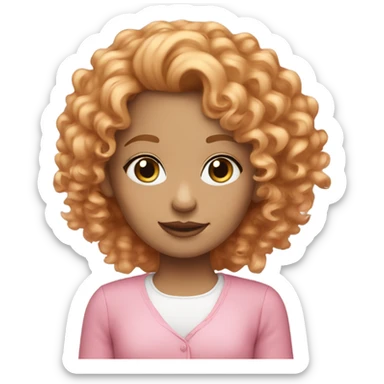 Blue eyed girl with strawberry blonde curly hair dressed in pink sticker