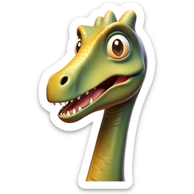 Cinematic Comical Brachiosaurus Portrait Emoji, Head tilted dramatically with an exaggeratedly surprised expression, featuring a tiny, animated head atop an impressively long neck, with wide, comically expressive eyes and a subtly quirky posture, Simplified yet humorously expressive features, highly detailed, glowing with a slightly sassy golden glow, high shine, dramatic yet playful, stylized with an air of cheeky prehistoric mischief, soft glowing outline, capturing the essence of a meme-worthy Brachiosaurus that looks ready to playfully leap its way into viral fame! sticker