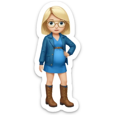 18 year-old pregnant blonde girl with golden glasses with blue eyes in a bright blue dress and a dark green jacket and brown boots sticker
