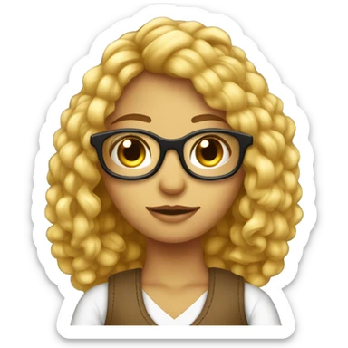 Ragazza con i capelli ricci, gli occhiali dorati che lavora all’uncinetto sticker