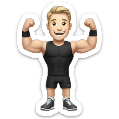 Joyful Celebrating victory Pale skinned Fit Man With the biceps and dark brown hair in black shirt, gray sports shorts and white Sneakers sticker