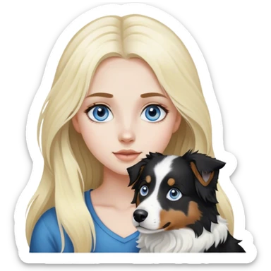 pale girl with blue eyes and long blonde hair and black white Australian shepherd. sticker