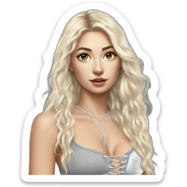 caucasian straight long haired blonde, white plush lace up crop top, tight grey mini skirt, hyperrealist drawing sticker