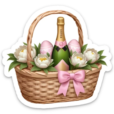 White Picnic basket with light pink bow, white peonies, pink easter eggs and one pink champage bottle inside sticker