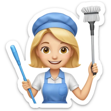 A cute and funny emoji of a happy female cleaner, wearing a cleaning uniform, holding a mop or spray bottle, smiling joyfully — cartoon style, bright colors, cheerful expression

 sticker