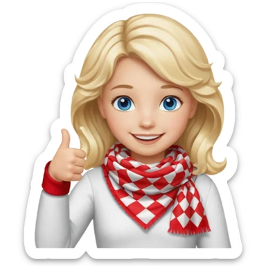 Blonde Girl, Blue Eyes, wavy hair, smiling, thumbs up, wearing red Checkered Triangle scarf, white dress sticker