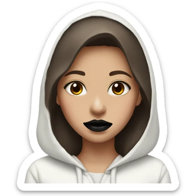 girl with brown hair in a white hoodie and black lipstick with a red stain on her mouth sticker