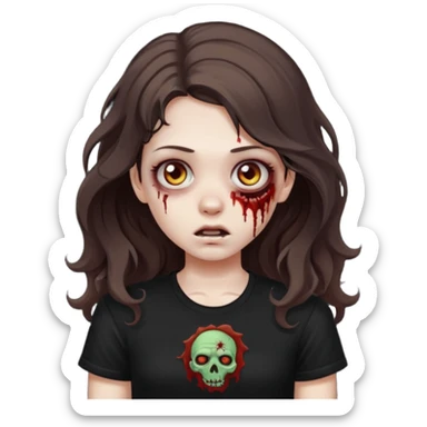 crie uma garota com ferimentos zoombie cabelo ondulado 2c longo castanho escuro e blusa básica preta sem nada  sticker