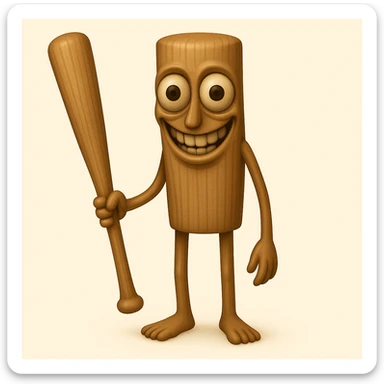 Make the stump character much skinnier and longer, with a face that is even creepier—large, wide, staring eyes and an exaggerated unsettling smile, closely matching the new reference image. Keep arms and legs, holding a baseball bat. Render in emoji style. sticker