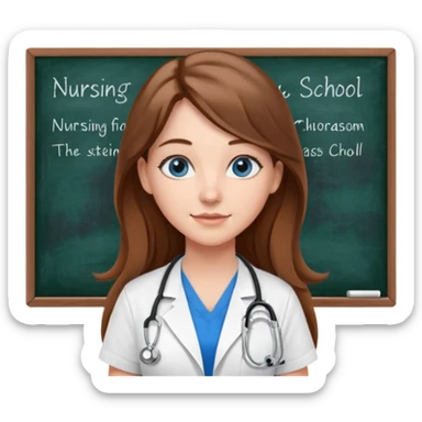 university classroom that says nursing school on the blackboard with a pretty female nursing student with long brown hair, blue eyes sticker