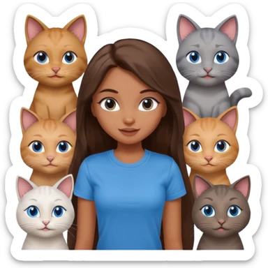 a pretty bratz dusky girl with long brown hair, blue eyes with six cats nd wearing a grey tshirt sticker
