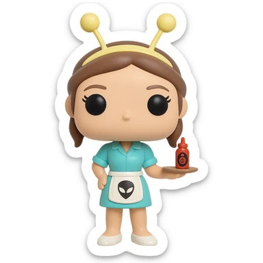 Create a Funko Pop style vinyl figure of Liz Parker from the Roswell series. She is wearing a light blue Crashdown Café waitress outfit with a white apron featuring an alien logo. She has a golden antenna headband, brown tied-up hair, and a friendly expression. She is holding a tray with a ketchup bottle. The background should be transparent. sticker