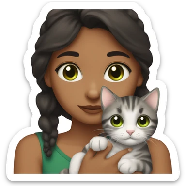 brownskin girl with brown eyes and black hair cuddling one gray tabby cat with green eyes sticker