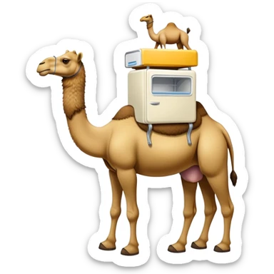 An appliance hybrid with a refrigerator body, a long-necked camel head emerging from the top, and four camel legs with hooves wearing yellow-brown Timberland boots sticker