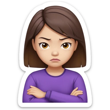 Angry Pouty girl with small asian eyes folding arms in a purple longsleeve shirt she has fair skin and medium length brown hair with highlights sticker