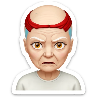 a portrait of angry elderly woman, bald head, wearing shirt sticker