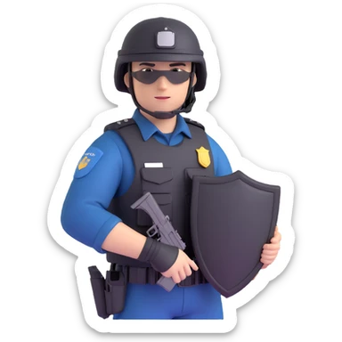 Polis özel harekat, tactical police officer in black uniform, helmet, and tactical gear, holding a shield, Turkish police special operations style sticker
