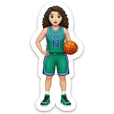 full body plus size light skin latino women basketball player with wavy dark hair large wide nose wearing blue with green uniform sticker