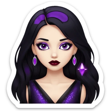 girl with long black hair, shiny black night dress with glitter, purple makeup, dark red lipstick, edgy and mysterious sticker