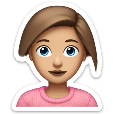 Long straight brown haired girl, blue eyes, long eyelashes, big lips, tanned skin, pink jumper sticker