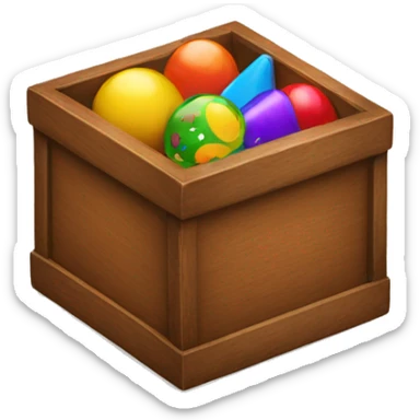 a brown wooden box with colorful toys inside sticker
