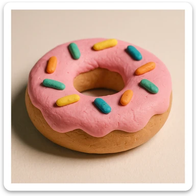 claymation style donut with pink frosting and sprinkles, visible fingerprints, pastel colors, light background sticker