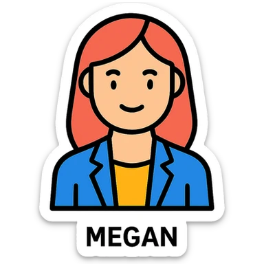 icon of a woman named Megan, stylized with subtle color accents, clear silhouette, professional yet warm sticker